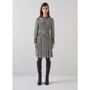 LK Bennett Verity Black And Cream Gingham Printed Dress With Velvet Trim